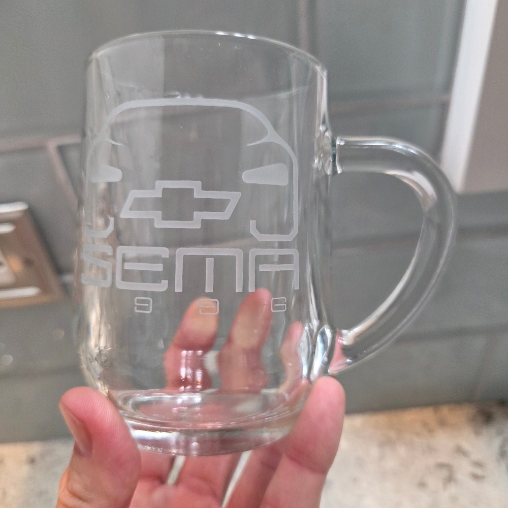 Vintage Chevrolet SEMA‎ 1996 Etched Glass Mug Chevy Bowtie Logo Clear Barware